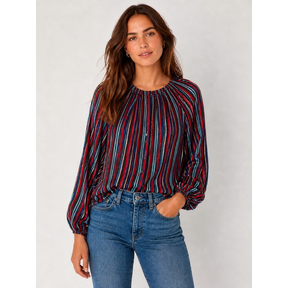 Tucker Red Blue Stripe Round Neck Silk Blouse Button Down Size XS